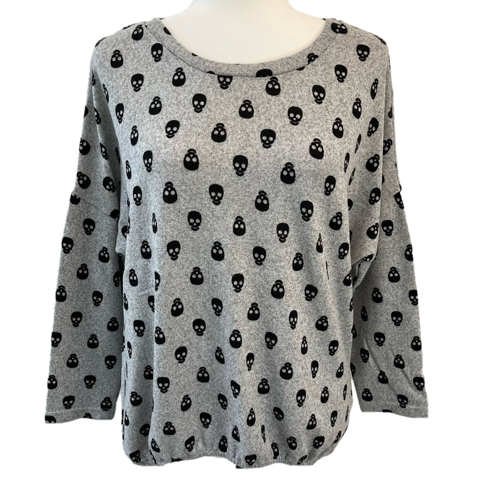 QED London Skull Pattern Knit Elastic Waist Drop Sleeve Top S Whimsigoth Goth
